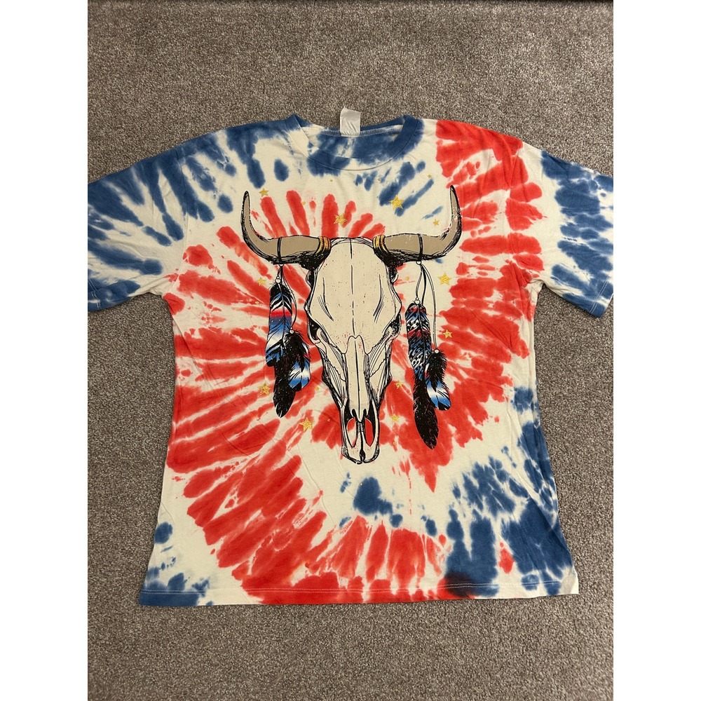 No Boundaries Graphic Tee Juniors L Red White Blue Excellent Tie Dye Steer Skull